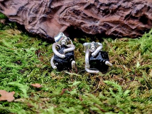 Ohrstecker mit Melanit Rohsteinen, aus 925er Silber mit Flügelmuttern, fast schwarz, Unikat, Handarbeit
