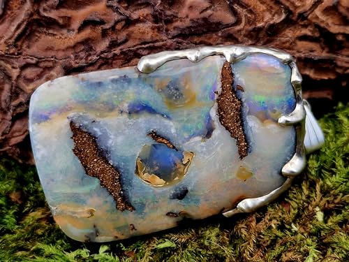 LeoLars-PABE Boulder Opal Anhänger im Tropfen Design aus 925er Silber, Picture Stone, tolles Muster, partielles mehrfarbiges Opalfeuer, Unikat, Handarbeit, Unisex