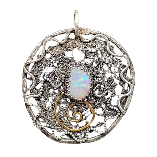 LeoLars-PABE Großer Lightning Ridge Opal Design Anhänger aus 925er Silber mit Spirale des Lebens aus Feingold, wildes organisches Filigree Muster, Unikat, Handarbeit