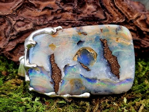 LeoLars-PABE Boulder Opal Anhänger im Tropfen Design aus 925er Silber, Picture Stone, tolles Muster, partielles mehrfarbiges Opalfeuer, Unikat, Handarbeit, Unisex