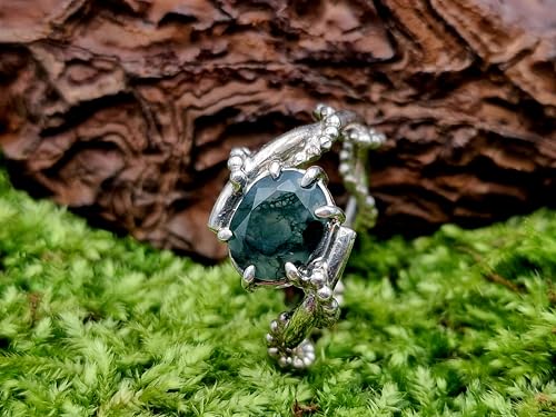 LeoLars-PABE Moosachat Design Ring aus 925er Silber verspielt verschnörkelt, schönes Innenleben, facettiert, oval, Gr. 60 (19,3), Unikat, Handarbeit, Nr. 0104