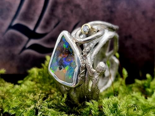 LeoLars-PABE Design Ring mit Bouder Opal in Zargenfassung aus 925er Silber mit Diamant in 585er Goldröhrenfassung in organisch verwurzeltem Design Größe 63 (20), Unisex, Unikat, Handarbeit