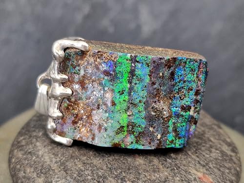LeoLars-PABE Boulder Opal Tropfen Design Anhänger aus 925er Silber, Multicolor Opalfeuer mit viel grün und blau, Unikat, Handarbeit, Unisex