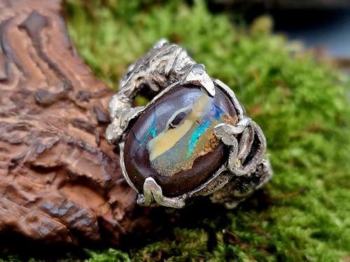 LeoLars-PABE Spannender Boulder Opal Design Ring, Gr. 57-58, (18,4) aus 925er Silber teilgeschwärzt, tolles Ring Design, grünes Opalfeuer aus Adern, Unikat, Handarbeit