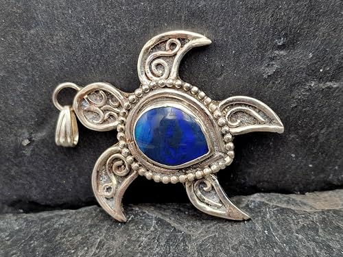 LeoLars-PABE Schwarzer Opal Design Schildkröten Anhänger im hawaiianischen Stil aus 925er Silber, Opal mit tollem blauen Opalfeuer, groß, Unikat, Handarbeit