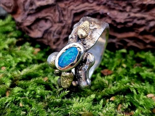 LeoLars-PABE Lightning Ridge Opal Design Ring, Gr.58 (18,5), aus 925er Silber mit 585er Gold Elementen, Roh, Stylisch, Anders, Individuell, Unikat, Handarbeit