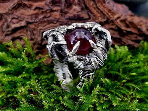 LeoLars-PABE Magischer Granat Design Ring, Gr. 62 (19,7), aus teilgeschwärztem 925er Silber, organisch, verschnörkelt, wild, Krallenfassung, Unikat, Handarbeit, Unisex