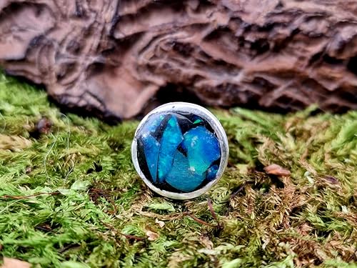 einzelner Lightning Ridge Opalsplitter Ohrstecker aus 925er Silber mit Flügelmutter, grün-blaues Opalfeuer, in Kunststoff eingegossen, Unikat, Handarbeit