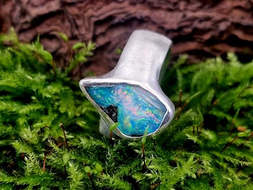 LeoLars-PABE Boulder Opal Design Ring aus 925er Silber, mit brillianter Multicolor Chrystal Opalschicht und Opalfeuer, Seidenmatt, Unikat, Handarbeit, Gr. 54 (17,2)
