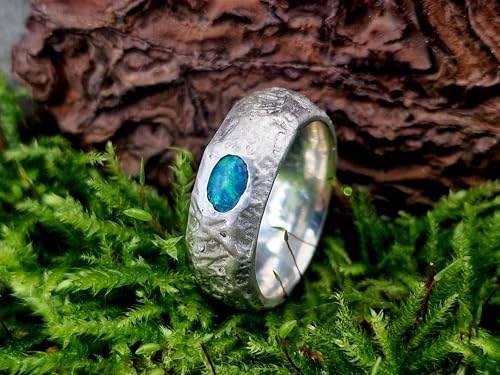 LeoLars-PABE Structure Design Lightning Ridge Opal Ring, Gr. 55-56 (17,7), aus 925er Silber, mit brilliantem grünen Opalfeuer, Ring mit angeschmolzener Oberflächen Struktur, Unikat, Handarbeit