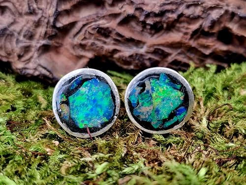 Lightning Ridge Opalsplitter Ohrstecker aus 925er Silber mit Flügelmuttern, mit mehrfarbigem Opalfeuer, in Kunststoff eingegossen, Unikat, Handarbeit
