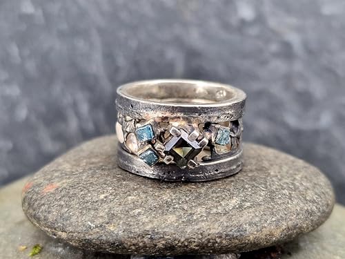 LeoLars-PABE Grüner Turmalin und blaue Rohdiamant Würfel Design Ring aus 925er Silber, Gr. 54 (17,3), geschwärzt, Rau, Natürlich, verspielt, Lavadesign, eingegossene weiße Saphire, Unikat, Handarbeit