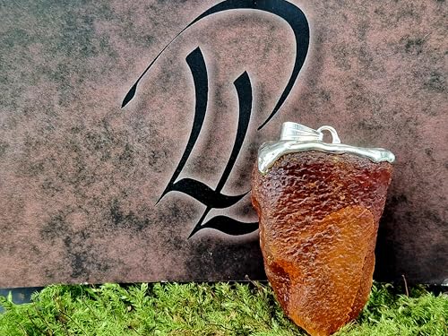 LeoLars-PABE Nordsee Bernstein Design Anhänger aus 925er Silber, unbearbeitet, natürlich, klar, Orange, schöne Oberflächen Struktur, 37mm x 24,8mm, Unikat, Design, Unisex