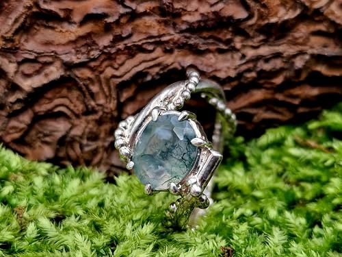 LeoLars-PABE Design Moosachat Ring, Gr.52 (16,7) aus 925er Silber, tolles Innenleben im Stein, facettiert, oval, Nr. 0105, Unikat, Handarbeit