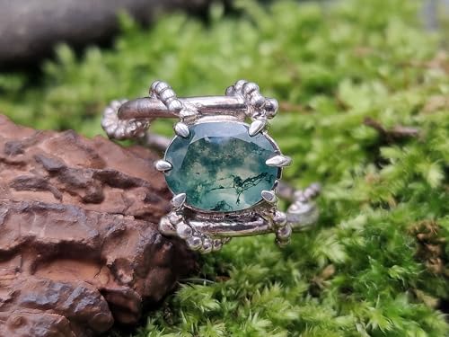 LeoLars-PABE Verspielter Design Moosachat Ring aus 925er Silber, Gr.56 (18), Nr. 0106, herrlich grün mit Innenleben, oval facettiert, Unikat, Handarbeit