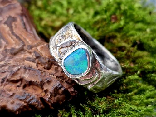 LeoLars-PABE Design Ring aus 925er Silber mit Lightning Ridge Opal, Gr. 60-61 (19,3), Opalfeuer in tollem grün und blau, rustikal, verspielt, Unikat, Handarbeit
