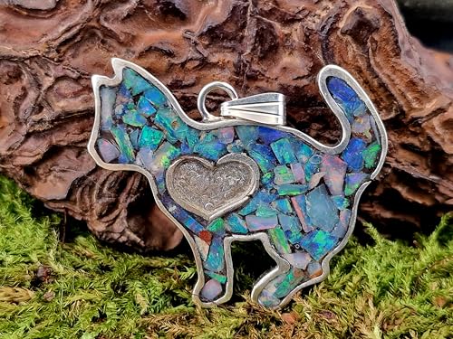 Lightning Ridge Opalsplitter Katzen Anhänger aus 925er Silber, Opale in Kunststoff eingegossen, feines Multicolor, Opalfeuer, Katze, Katzen-und Opalliebhaber, bunt, Unikat, Unisex, Handarbeit
