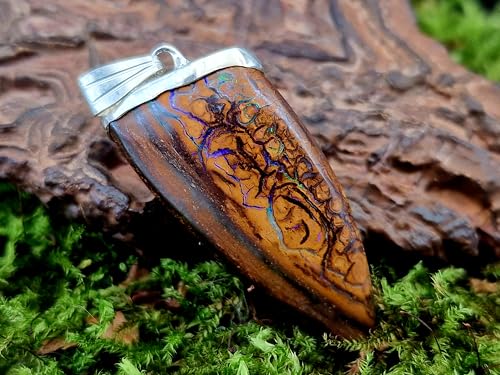 LeoLars-PABE Schlichter Boulder Opal Anhänger aus 925er Silber, mit tollem Muster und partiellem Opalfeuer in lila und grün, Unikat, Handarbeit, Unisex