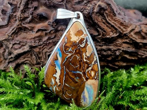 LeoLars-PABE Boulder Opal Anhänger aus 925er Silber mit tollem Muster und partiellem grün-blauem Opalfeuer, Unikat, Handarbeit, Unisex