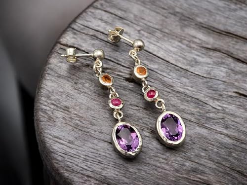 Design Edelstein Ohrhänger baumelnd mit Stecker aus 925er Silber mit Mandarin Granat, Rubin und Amethyst in Zargenfassung, Unikat, Handarbeit