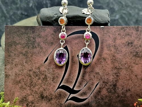 Design Edelstein Ohrhänger baumelnd mit Stecker aus 925er Silber mit Mandarin Granat, Rubin und Amethyst in Zargenfassung, Unikat, Handarbeit