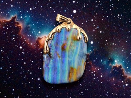 LeoLars-PABE herrlicher Boulder Opal Design Anhänger aus 585er Gelbgold im Tropfen Design, Opalschicht mit mehrfarbigem Opalfeuer, mit Wachstumsrissen, Stabil, Unikat, Handarbeit, Unisex