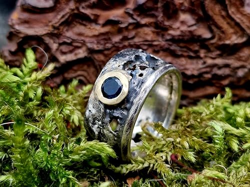 LeoLars-PABE Parti Saphir Lava Design Ring aus 925er Silber und 585er Goldfassung, Ring teilgeschwärzt wie erstarrte Lava, Saphir in grün und blau, Unikat, Handarbeit, Größe 56 (17,8)