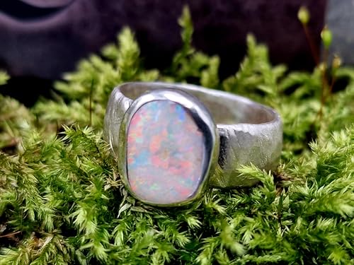 LeoLars-PABE Multicolor Lightning Ridge Opal in 925er Silberring strukturiert in Seidenmatt Größe 54 (17), Unikat, Handarbeit