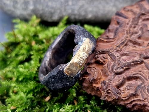 LeoLars-PABE 925er Silber Design Ring mit 585er Gelbgold Pflaster, Gr.54 (17,2), Bicolor, natürlich, rauh, geschwärzt, Unikat, Handarbeit