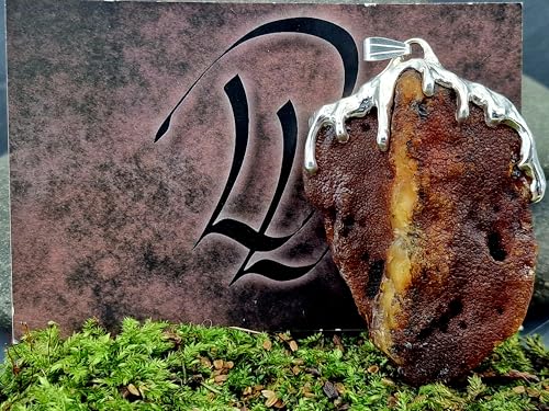 LeoLars-PABE großer Nordsee Bernstein Design Anhänger aus 925er Silber, gelb-braun mit natürlicher Oberfläche, Tropfendesign, beidseitig tragbar, Unikat, Handarbeit, Unisex