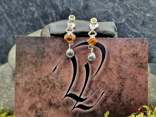 Design Ohrhänger baumelnd mit Stecker aus 925er Silber mit Peridot, Citrin und Blautopas in Zargenfassung, Unikat, Handarbeit