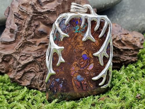 LeoLars-PABE Großer Boulder Opal Design Anhänger aus 925er Silber, Tribal Design, beidseitig, Unisex, Opal mit tollem Muster und partiellem grün-blauem Opalfeuer, Unikat, Handarbeit
