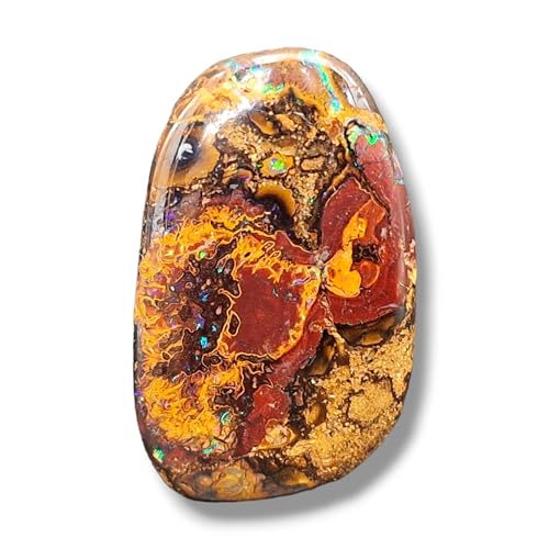 LeoLars-PABE Wunderbarer Boulder Opal gebohrt mit 60cm Lederband, tolles Muster und grünes Opalfeuer, Opal 33x20,5x8,3mm, Unikat, Handgeschliffen