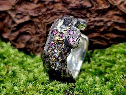 LeoLars-PABE Rustikaler Design Ring, Gr. 61 (19,5), aus 925er Silber und 585er Gelbgold Elementen mit weißen und pinken Labgrown Diamanten, teilgeschwärzt, Unikat, Handarbeit