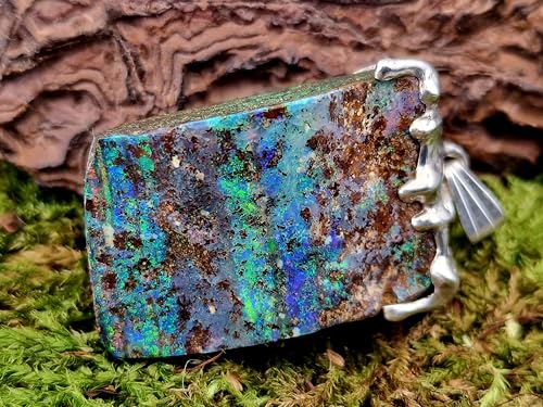 LeoLars-PABE Boulder Opal Tropfen Design Anhänger aus 925er Silber, Multicolor Opalfeuer mit viel grün und blau, Unikat, Handarbeit, Unisex