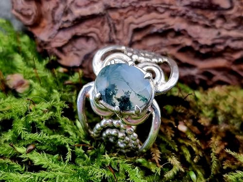 LeoLars-PABE Verspielter und verschnörkelter Moosachat Design Ring aus 925er Silber, Gr.54-55(17,5), Nr. 0108, Unikat, Handarbeit