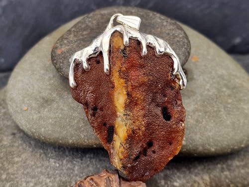 LeoLars-PABE großer Nordsee Bernstein Design Anhänger aus 925er Silber, gelb-braun mit natürlicher Oberfläche, Tropfendesign, beidseitig tragbar, Unikat, Handarbeit, Unisex