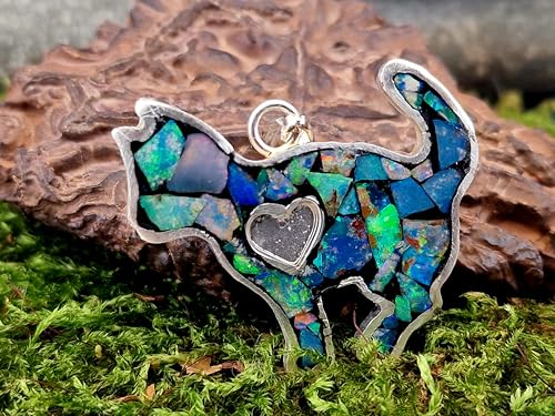LeoLars-PABE Lightning Ridge Opalsplitter Katzen Anhänger aus 925er Silber, tolles Multicolor Opalfeuer, Opale in Kunststoff eingegossen, Katze, Katzen-Opalliebhaber, Herz, Unikat, Handarbeit, Unisex
