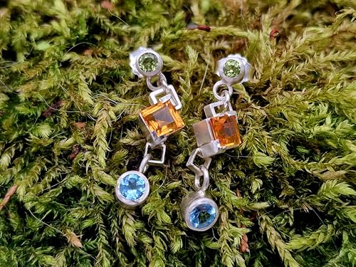 Design Ohrhänger baumelnd mit Stecker aus 925er Silber mit Peridot, Citrin und Blautopas in Zargenfassung, Unikat, Handarbeit