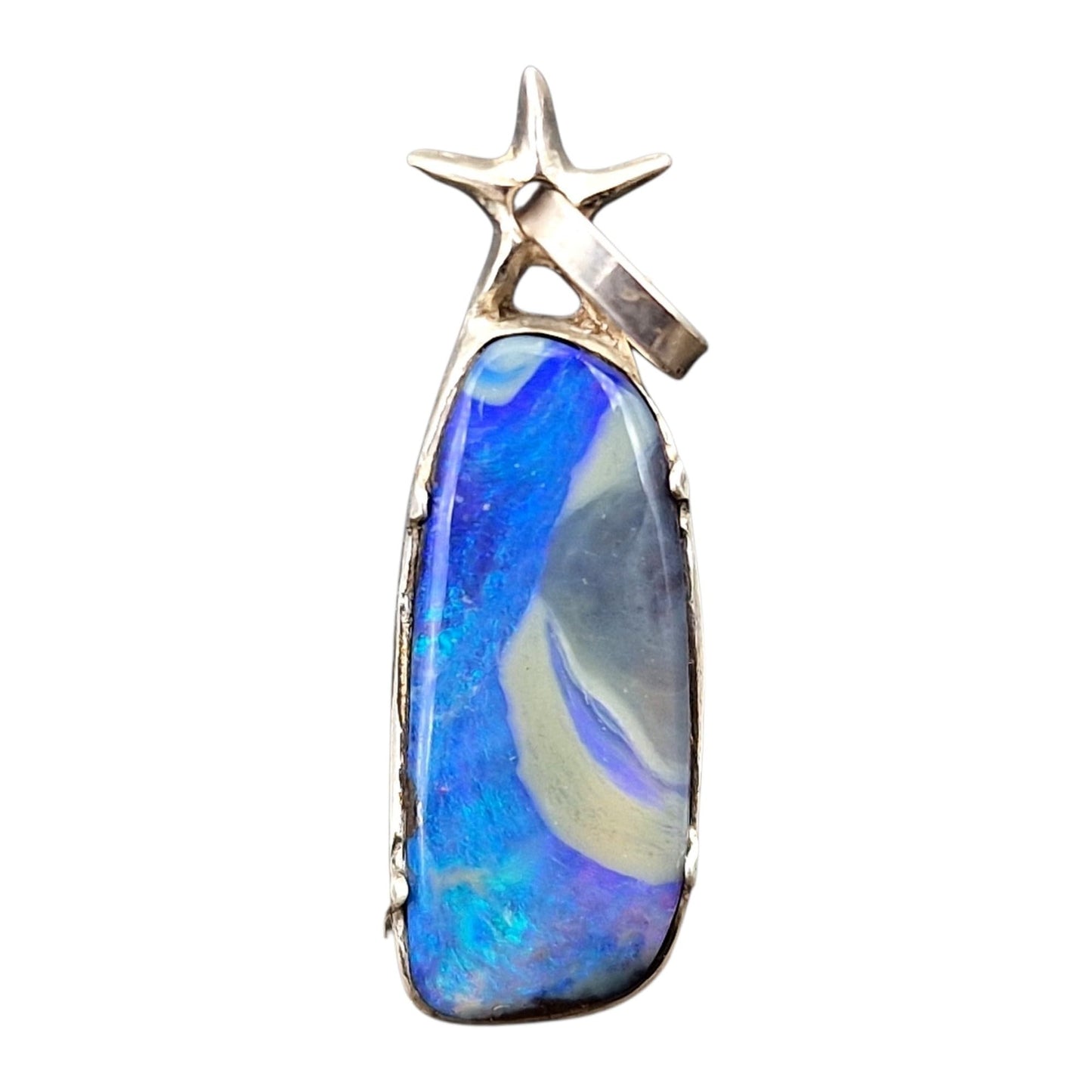 LeoLars-PABE Boulder Opal Design Anhänger aus 925er Silber mit Seestern, maritimer Picture Stone mit blau-grünem Opalfeuer, Atoll, Unikat, Handarbeit, Unisex