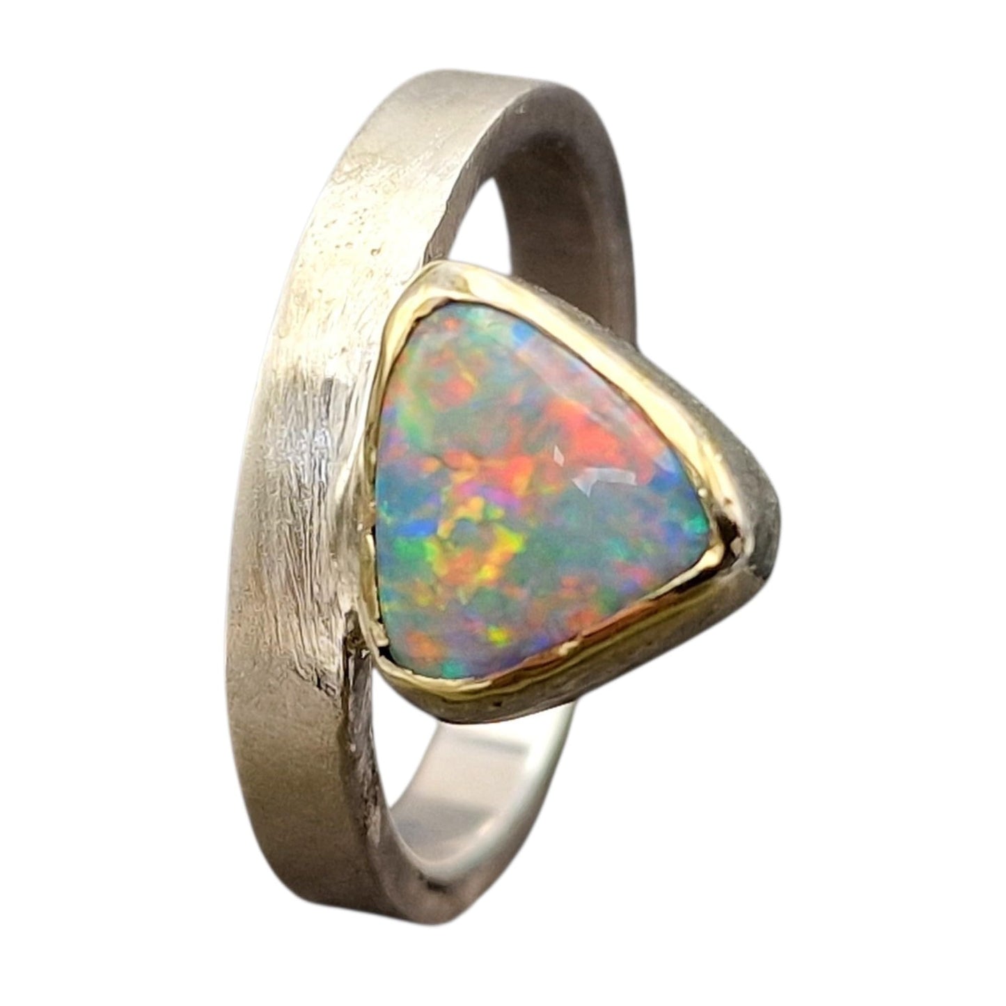 LeoLars-PABE Coober Pedy Chrystal Opal Design Ring aus 925er Silber, Gr. 57,5 (18,3), Opal mit Multicolor Opalfeuer in Gelbgold Fassung, Unikat, Handarbeit