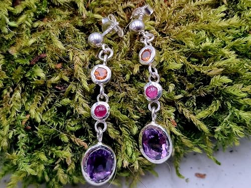 Design Edelstein Ohrhänger baumelnd mit Stecker aus 925er Silber mit Mandarin Granat, Rubin und Amethyst in Zargenfassung, Unikat, Handarbeit