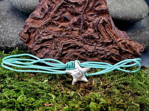LeoLars-PABE Hellblaues Makramee Design Armband mit Seestern aus 925er Silber mit Labgrown Diamant, Umfang von 16-24cm, Unikat, Handarbeit