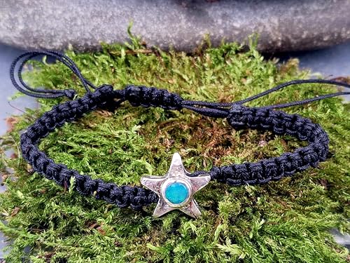 LeoLars-PABE schwarzes Seestern Makramee Design Armband, aus 925er Silber mit Lightning Ridge Opal mit grün-blauem Feuer, Unikat, Umfang 18-25cm, Unisex, Handarbeit