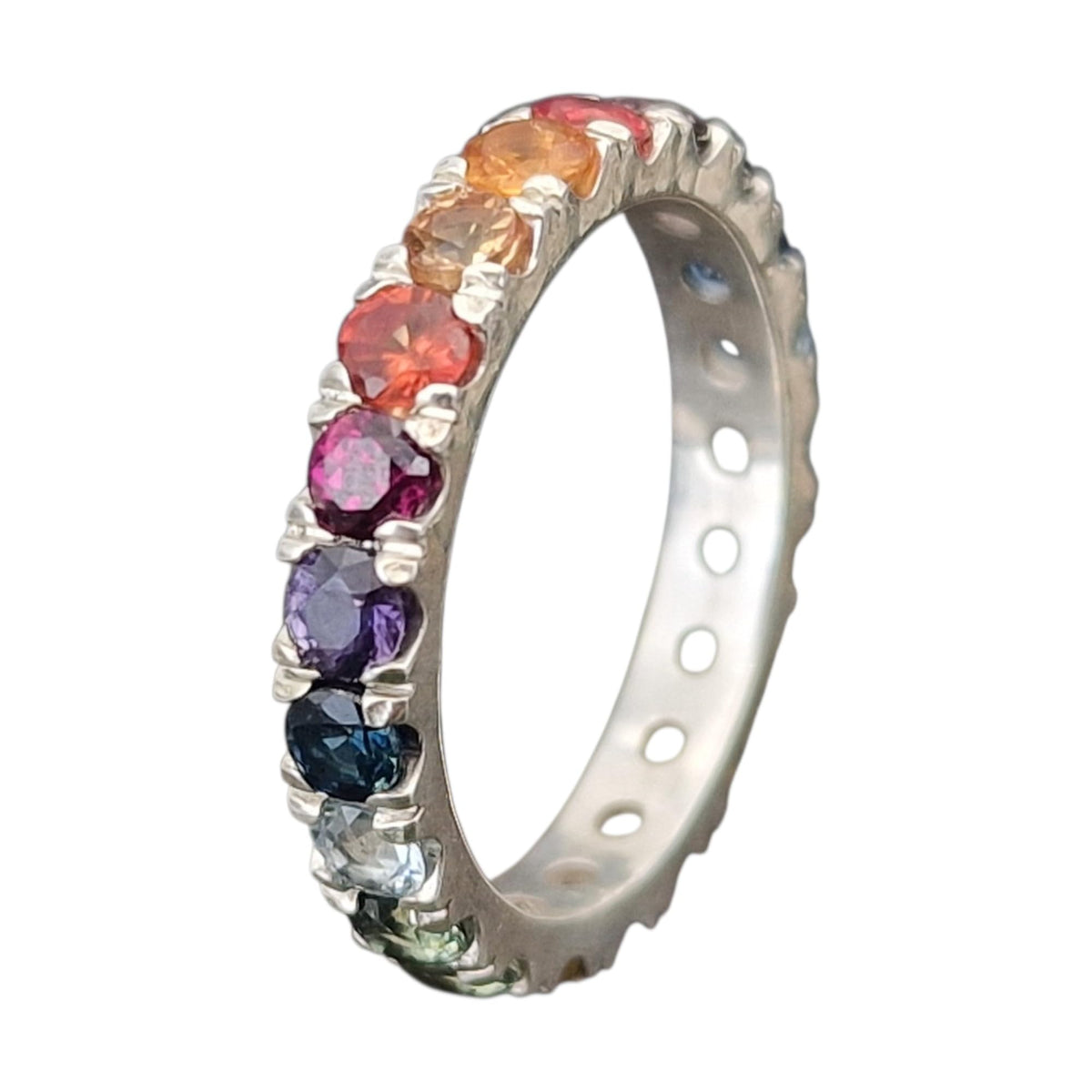 LeoLars-PABE Memory Ring aus 925er Silber, Gr. 56 (18), mit verschiedenen bunten echten Edelsteinen, Saphir, Topas, Turmalin, Tansanit, Bergkristall Unikat, Handarbeit