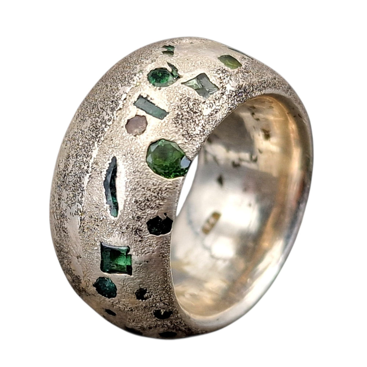 LeoLars-PABE Massiver Sandguss Chaos Design Ring, Gr. 56 (18), Nr.169, aus 925er Silber, typische Oberflächen Struktur, eingegossene Turmalin Edelsteine, Unikat, Handarbeit