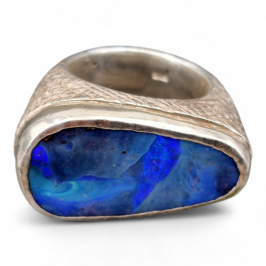 LeoLars-PABE sehr großer und schwerer Lightning Ridge Opal Design Ring aus 925er Silber, Gr.61 (19,5), mit Oberflächen Struktur, Opal mit blauem und grünen Opalfeuer, Unisex, Unikat, handarbeit