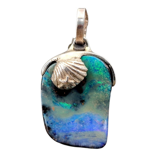LeoLars-PABE Boulder Opal Anhänger, maritimes Design aus 925er Silber mit Muschel und Seestern, blau-grünes Opalfeuer, Unikat, Handarbeit, Unisex