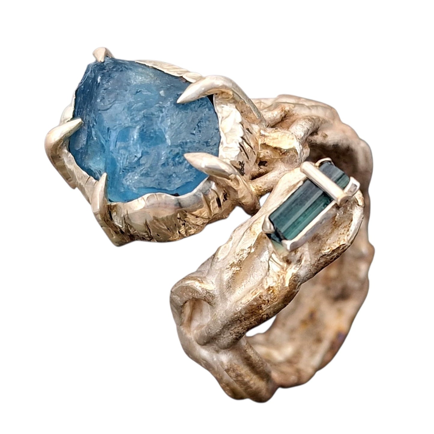 LeoLars-PABE Broken Design Ring aus 925er Silber, Gr. 60 (19,2) Aquamarin Kristall und Indigolith Rohstein, organisch, natürlich, Unikat, Handarbeit