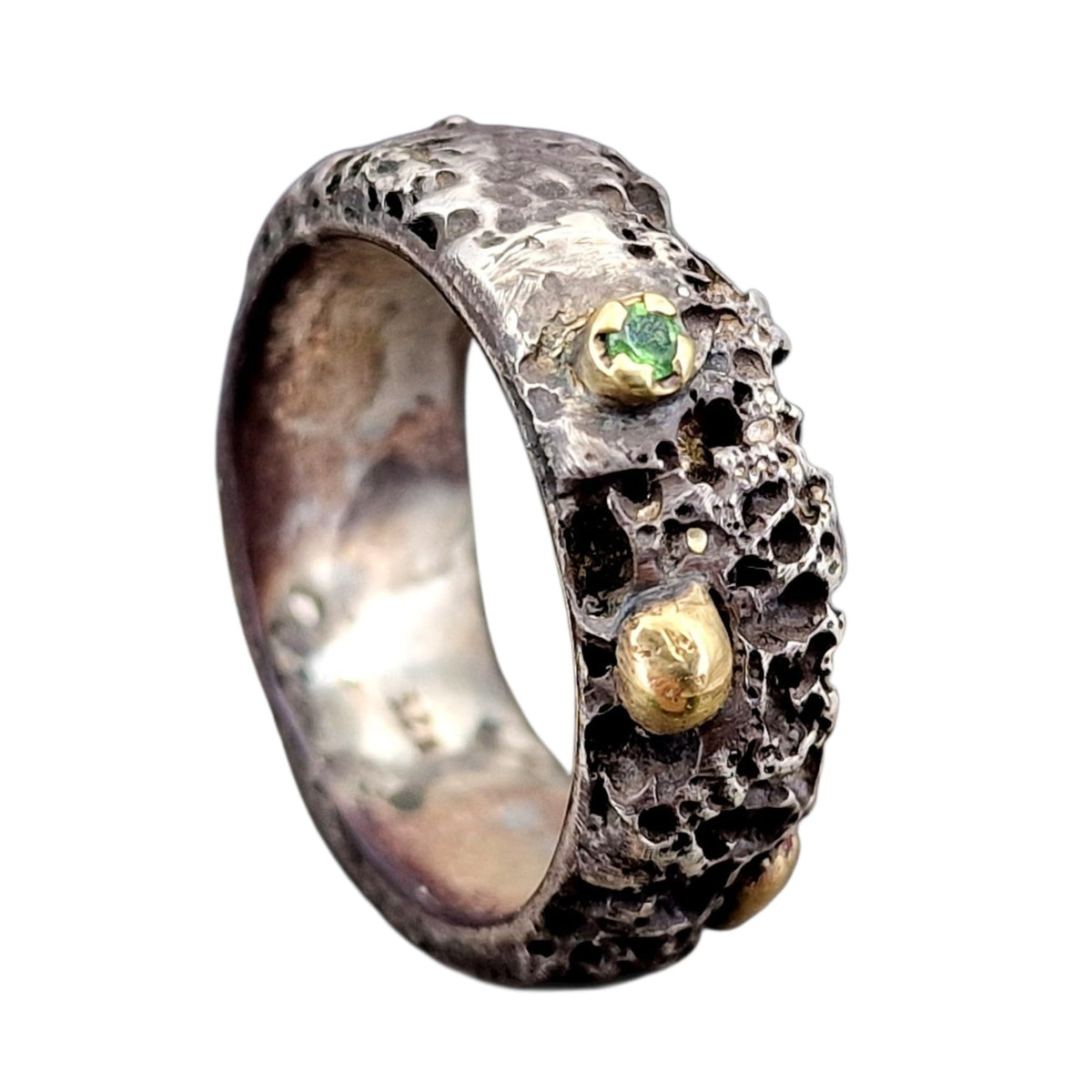 LeoLars-PABE Lava Design Ring mit Tsavorit aus 925er Silber mit 585er Gelbgoldelementen, Gr.59 (18,7), mit kochendem Silber gegossen, Unisex, Unikat, Handarbeit